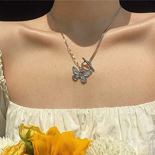 FXmimior Dainty Simple Boho Steel Chain Necklace Choker Silver Butterfly Pendant Necklaces Chain Jew | Amazon (US)