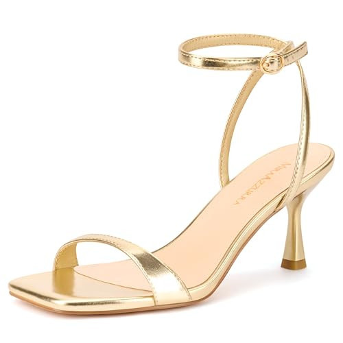 MIRAAZZURRA Gold Kitten Heels for Woman Short Heel Sandals Open Square Toe with Buckle Strap Low Heels for Dress Party Shoes Gold 9.5 | Amazon (US)