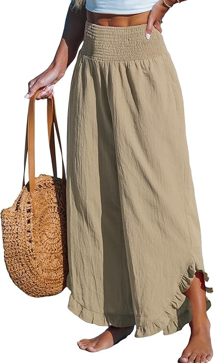 CUPSHE Women Pants Smocked Waist Straight Leg Ruffle Cuffs Loose Fit Pant Casual Beach | Amazon (US)