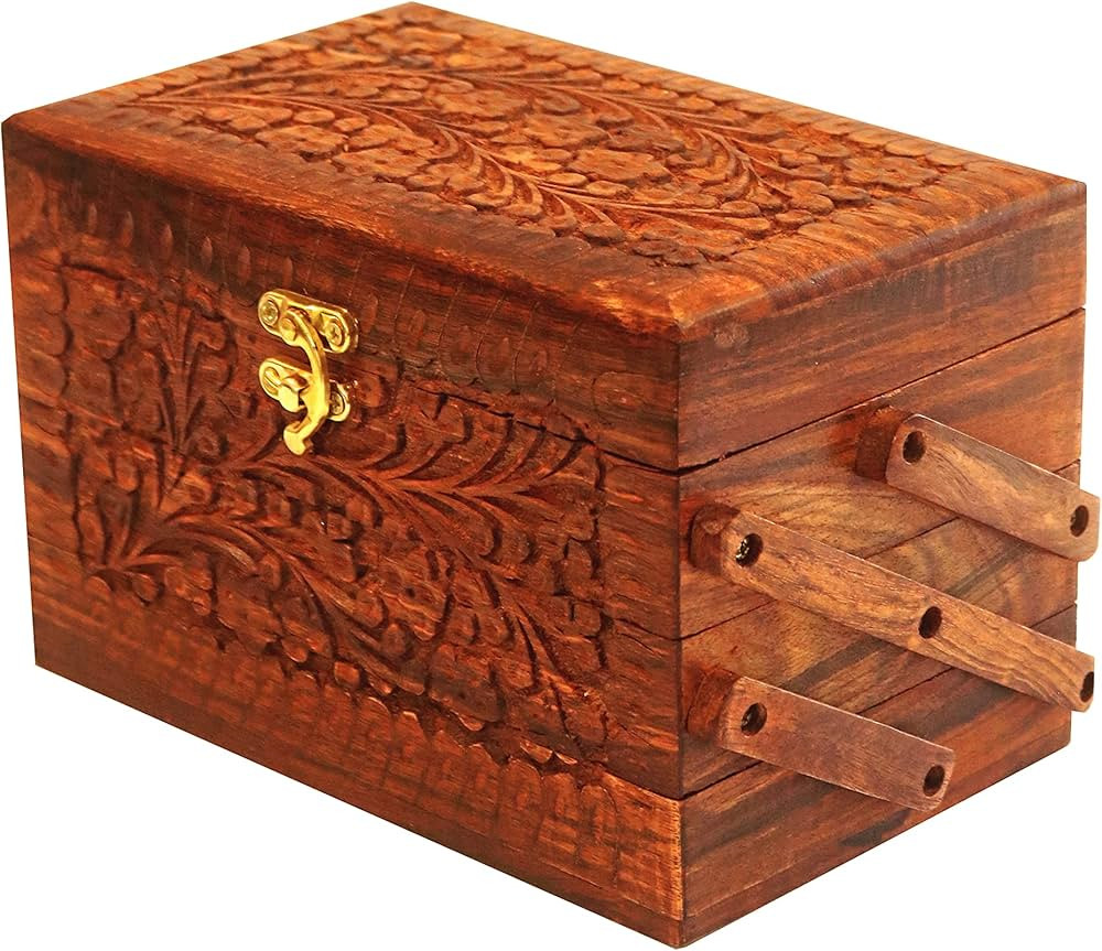 SKEZ handcrafted Wooden Jewelry Box | 3 Tier Real Natural Wood Jewelry Box With Beautiful Soft Re... | Amazon (US)