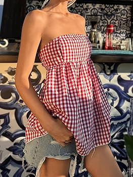 SHENHE Women's Ruffle Hem Bandeau Gingham Tube Top Smocked Peplum Flowy Babydoll Top Tank | Amazon (US)