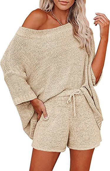 Ekouaer Women 2 Piece Outfits Sweater Sets Off Shoulder Knit Pajama Set 3/4 Sleeve Tops Drawstrin... | Amazon (US)