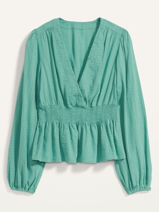 Long-Sleeve Deep V-Neck Dobby Smocked Blouse for Women | Old Navy (US)