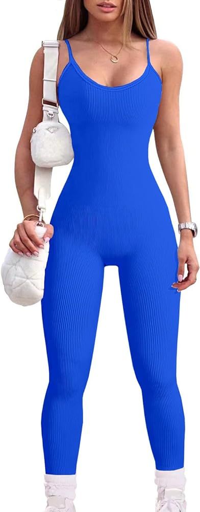 Women Workout Seamless Jumpsuit Yoga Ribbed Bodycon One Piece Spaghetti Strap Leggings Romper | Amazon (US)