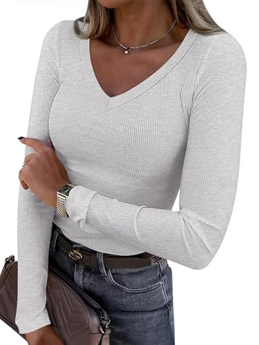 ANRABESS Long Sleeve Shirts for Women V Neck Ribbed Knit Fitted Fall Basic Tshirts Going Out Tops... | Amazon (US)