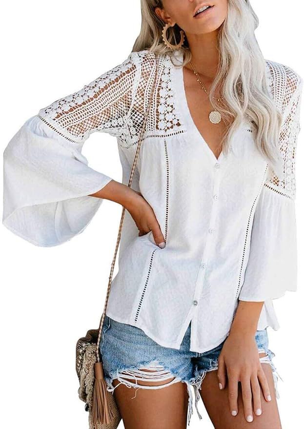 Canikat Women's V Neck Lace Crochet Flowy Bell Sleeve Button Down Casual T Shirts Blouses Tops | Amazon (US)