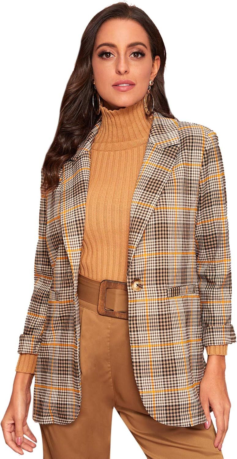 Milumia Women's Open Front Plaid Blazer Long Sleeve Gingham Jacket Outerwear | Amazon (US)