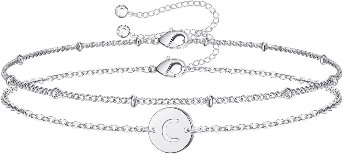 MONOZO Valentines Day Gifts - Silver Initial Bracelets for Women Girls, 14K White Gold Filled Lay... | Amazon (US)