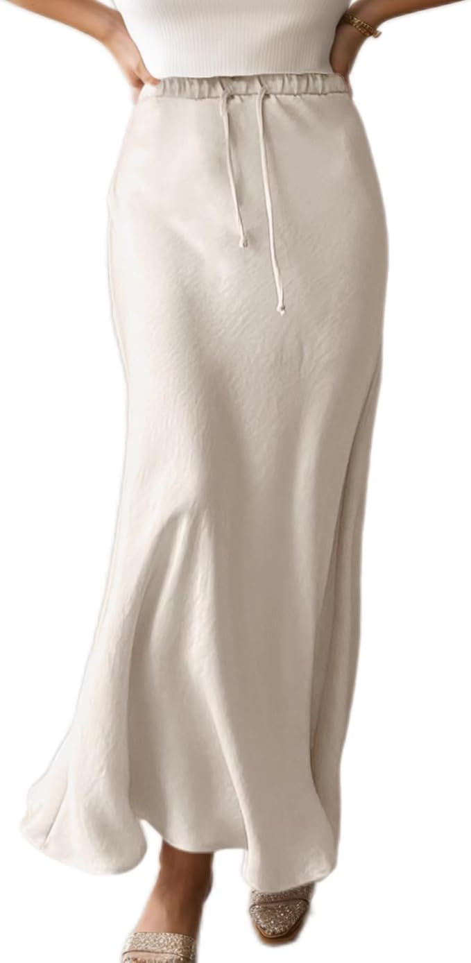 Women's Drawstring Satin Maxi Skirt High Waisted Elastic Waistband Casual A Line Flared Silk Long... | Amazon (US)