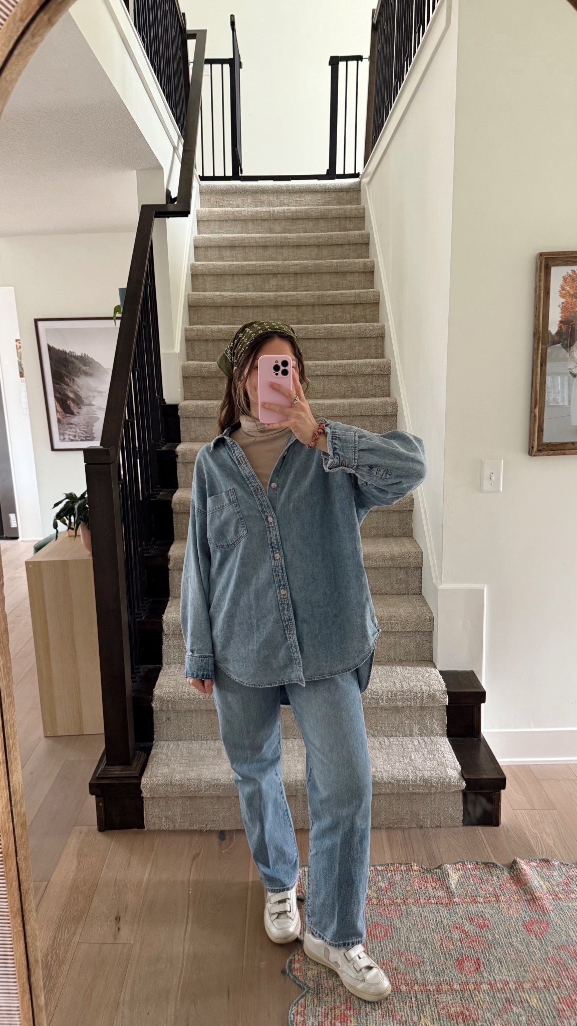 comfy denim on denim! wearing a medium in button up, sized up for a more oversized fit! Postpartum, sized up 2 in these jeans from my pre-pregnancy size! 

Mom outfit, spring outfit, postpartum style 

#LTKootd