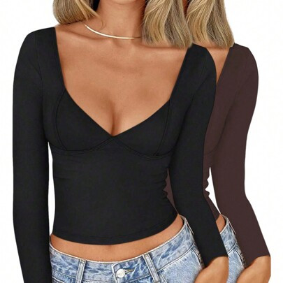 Women Deep V-Neck Solid Color Slim Fit Elegant Office Commuter Long Sleeve T-Shirt | SHEIN