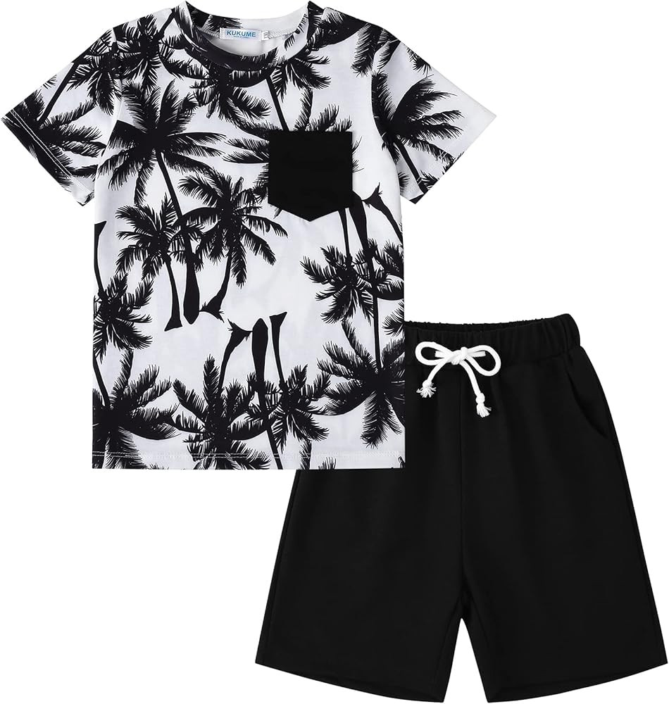 Boy Shorts Sets Hawaiian Outfit Kid Leaves Floral Short Sleeve Shirt Top+shorts Suits | Amazon (US)