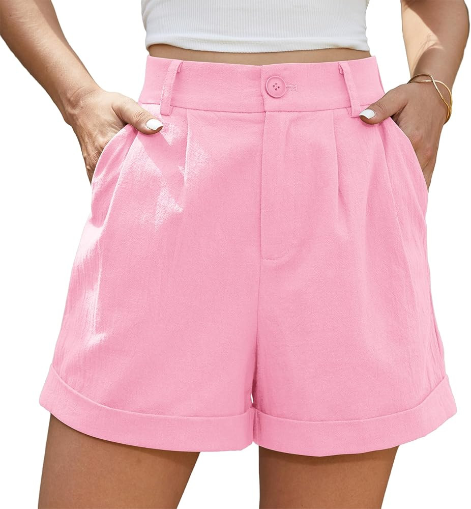Jouica Womens Summer High Waist Shorts Roll Up Pleated Zippered Wrap Hem Wide Leg Shorts with Poc... | Amazon (US)