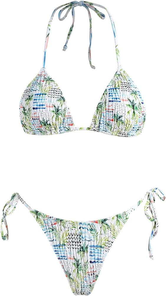 VOLAFA Women's Triangle Bikini Set String Swimsuit Print Tie Smocked Ruched Two Piece Bathing Sui... | Amazon (US)