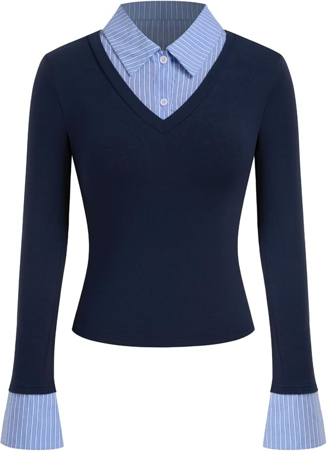 Amazon.com: CIDER Womens Tops Long Sleeve Slim Fit Collared Knit Shirt Two Tone Striped Collar Bu... | Amazon (US)
