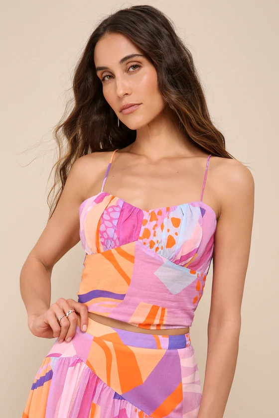Summery Getaway Pink Multi Abstract Print Lace-Up Crop Top | Lulus
