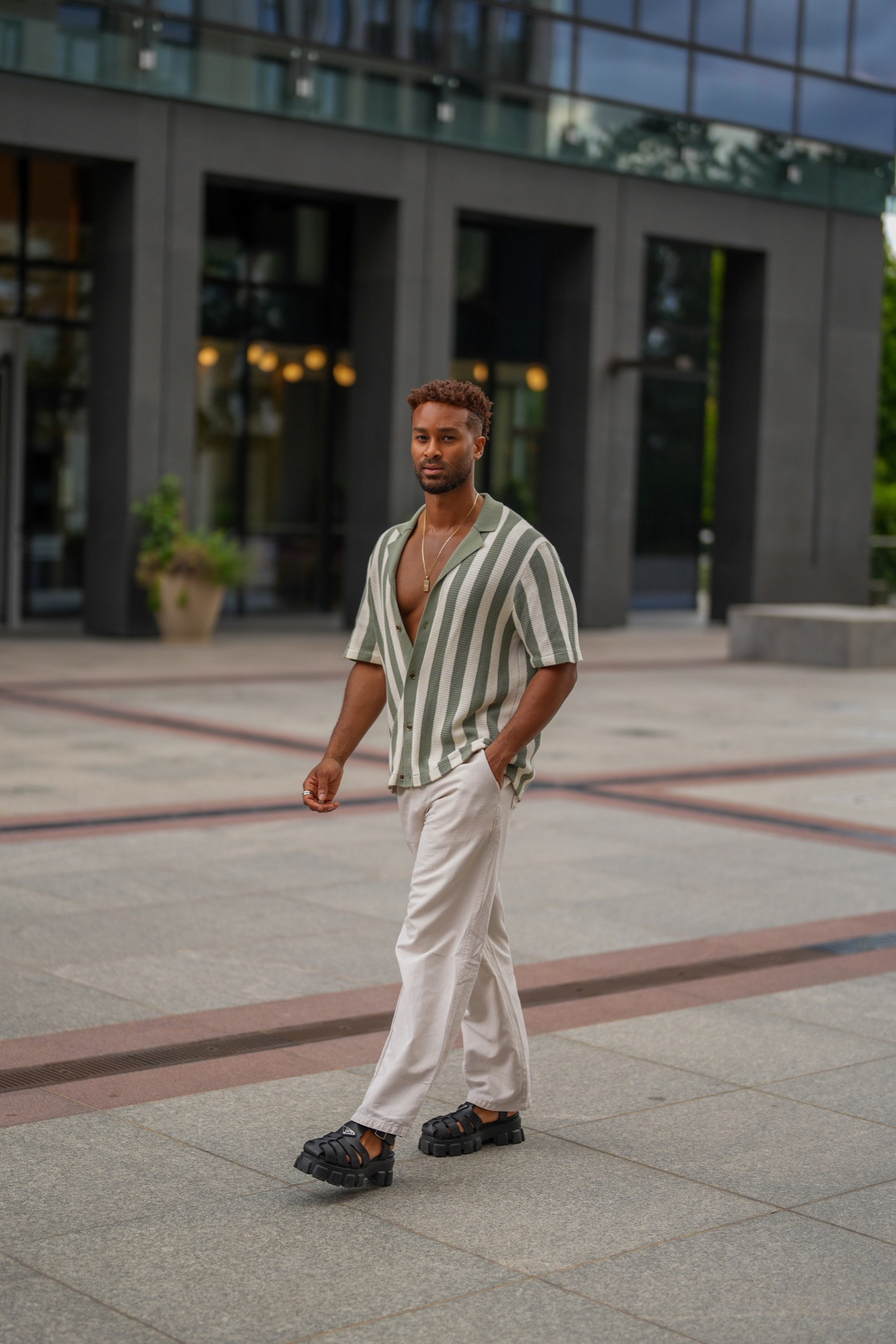 Sage and ecru striped top from Allsaints, jogger style trousers, linen trousers, Prada chunky sandals, summer outfit, street style, summer style, Allsaints shirt, neutral outfit, sage green, summer inspo 

#LTKstyletip #LTKSeasonal #LTKeurope