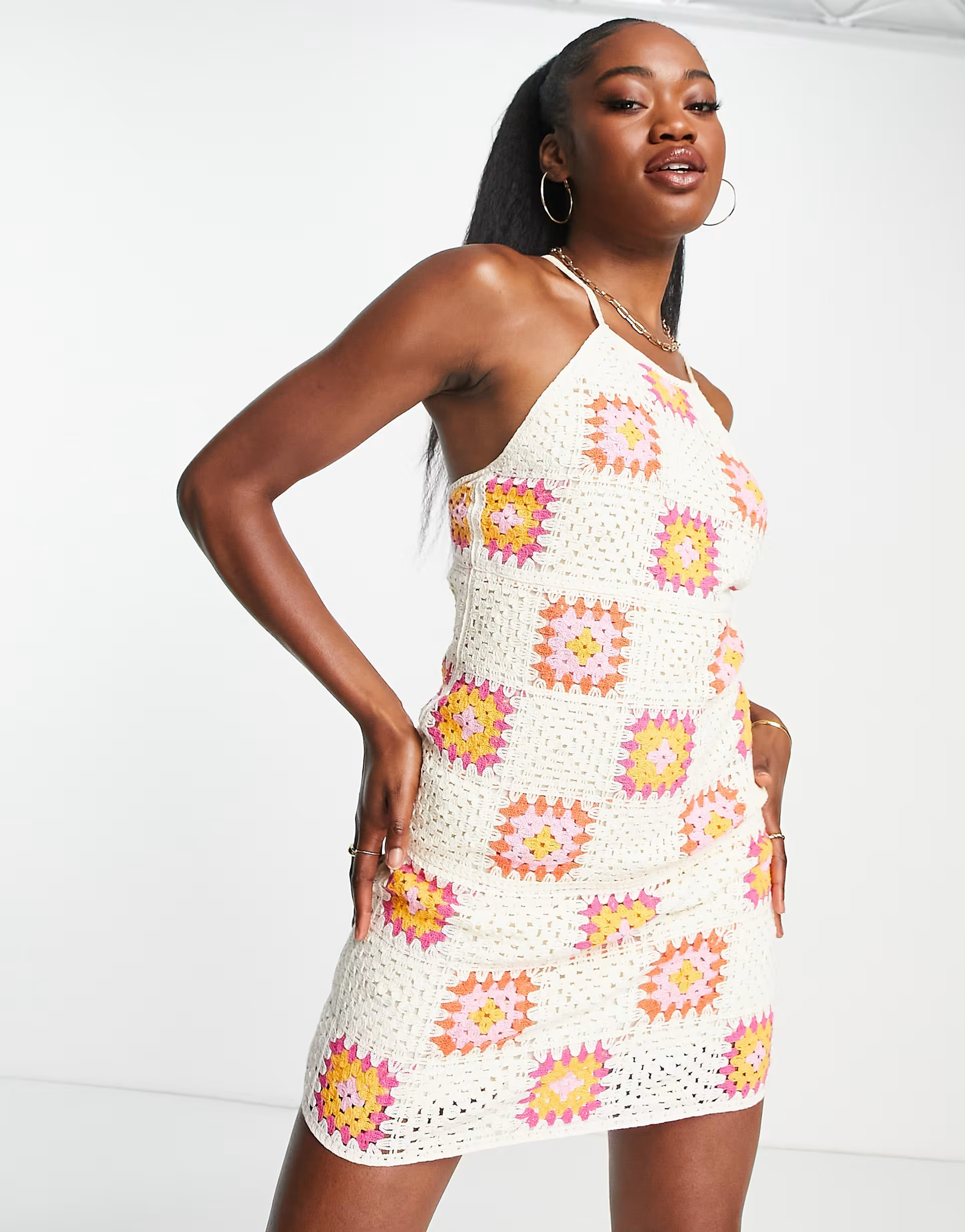 Stradivarius patchwork crochet mini dress in ecru | ASOS (Global)