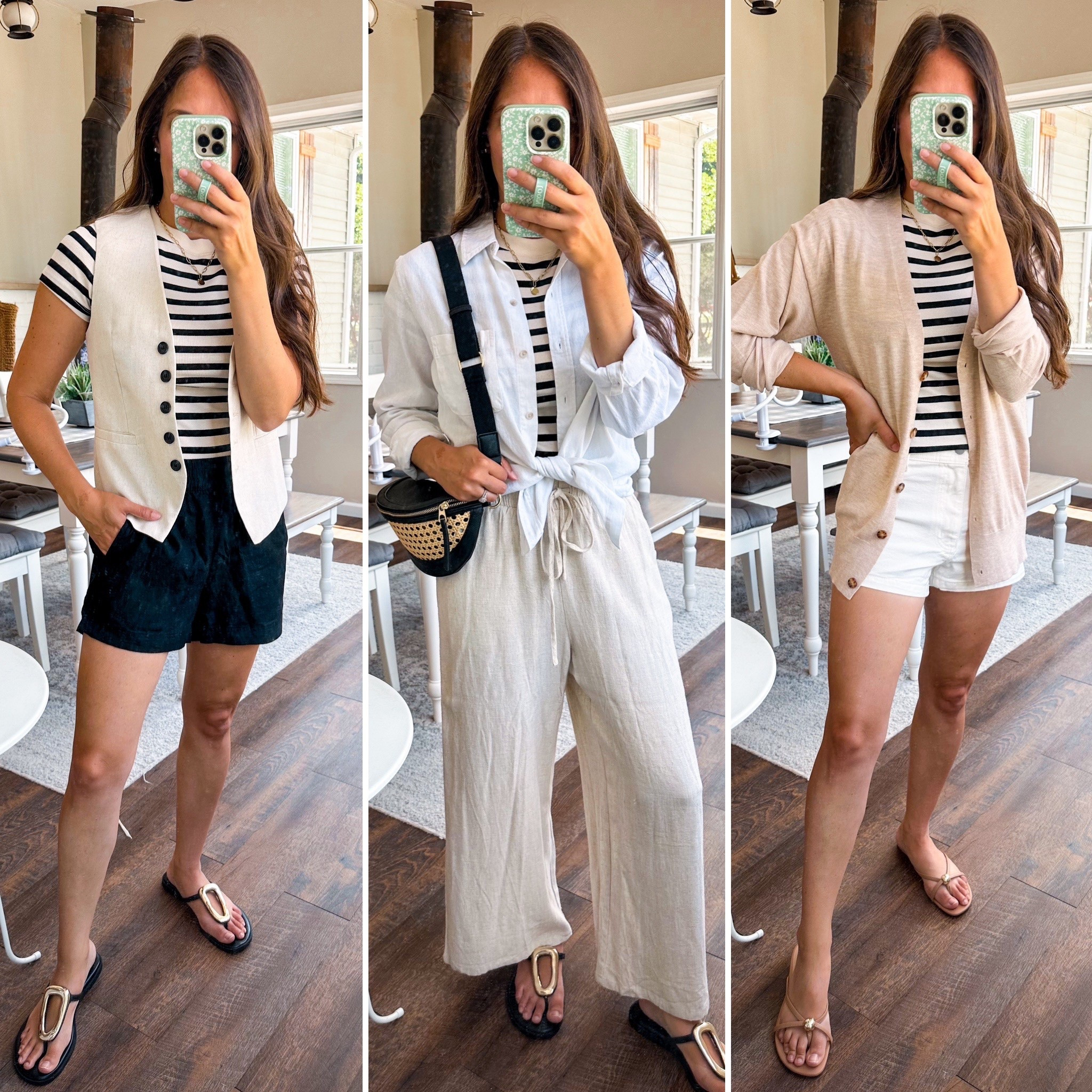 Capsule wardrobe styling. Ribbed tee comes in multiple colors. Stretchy and soft. Target size small 
Vest XS 
Shorts XS 
Pants small 
Linen button down XS 
Cardigan small 
Shorts size up one 
Shoes tts 

#LTKFindsUnder50 #LTKFindsUnder100 #LTKStyleTip