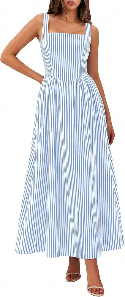PRETTYGARDEN Women's Maxi Dress Summer Striped Sundress 2026 Spring Smocked A Line Long Flowy Bea... | Amazon (US)
