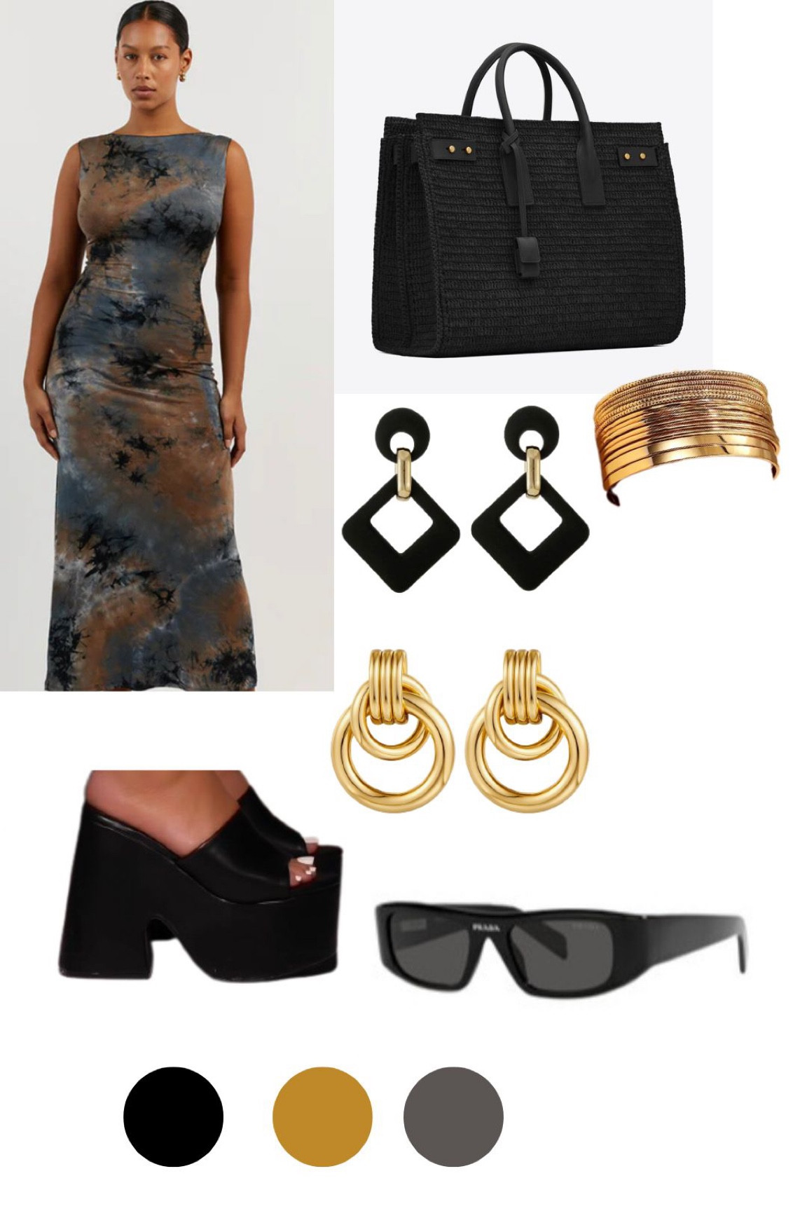 Gold earrings, black and gold earrings, gold bangles/bracelets, black handbag, Yves Saint Laurent, Dissh dress, SHEIN black platform shoes, Millen Blue Tie Dye MIDI dress. Vacation outfit, date outfit, Prada black sunglasses.

#LTKcurves #LTKFind #LTKtravel