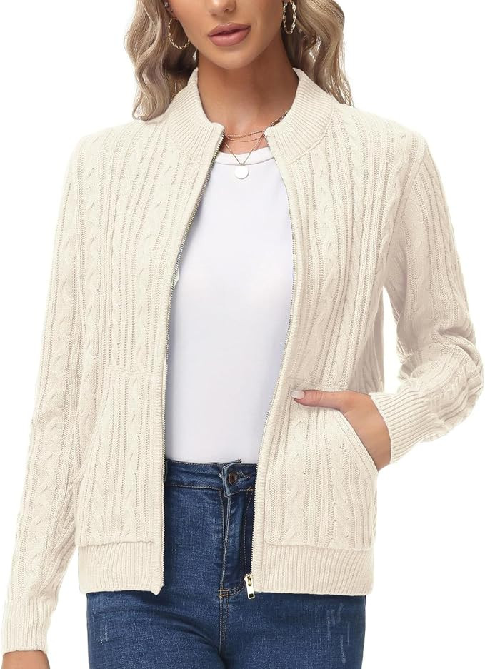 KANCY KOLE Women Zip Up Sweaters, Cable Knit Teacher Cardigan with Pockets | Chunky Cardigans, Fa... | Amazon (US)