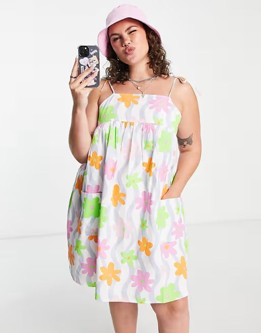 Native Youth Plus strappy cami smock dress with pockets in wavy floral | ASOS (Global)