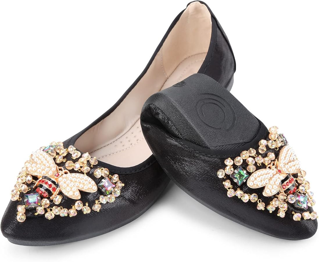 KUNWFNIX Women Ballet Flats Rhinestone Wedding Ballerina Shoes Foldable Sparkly Comfort Slip on F... | Amazon (US)