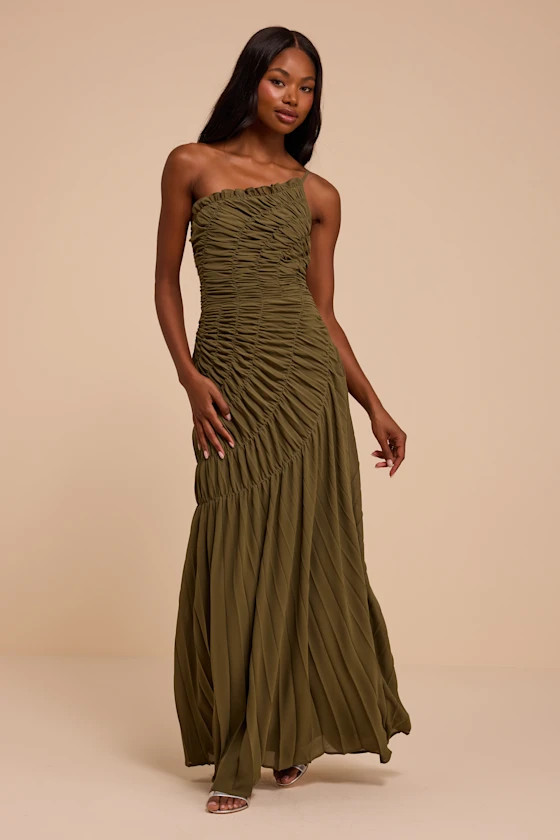 Manhattan Olive Green Ruched Maxi Dress | Lulus