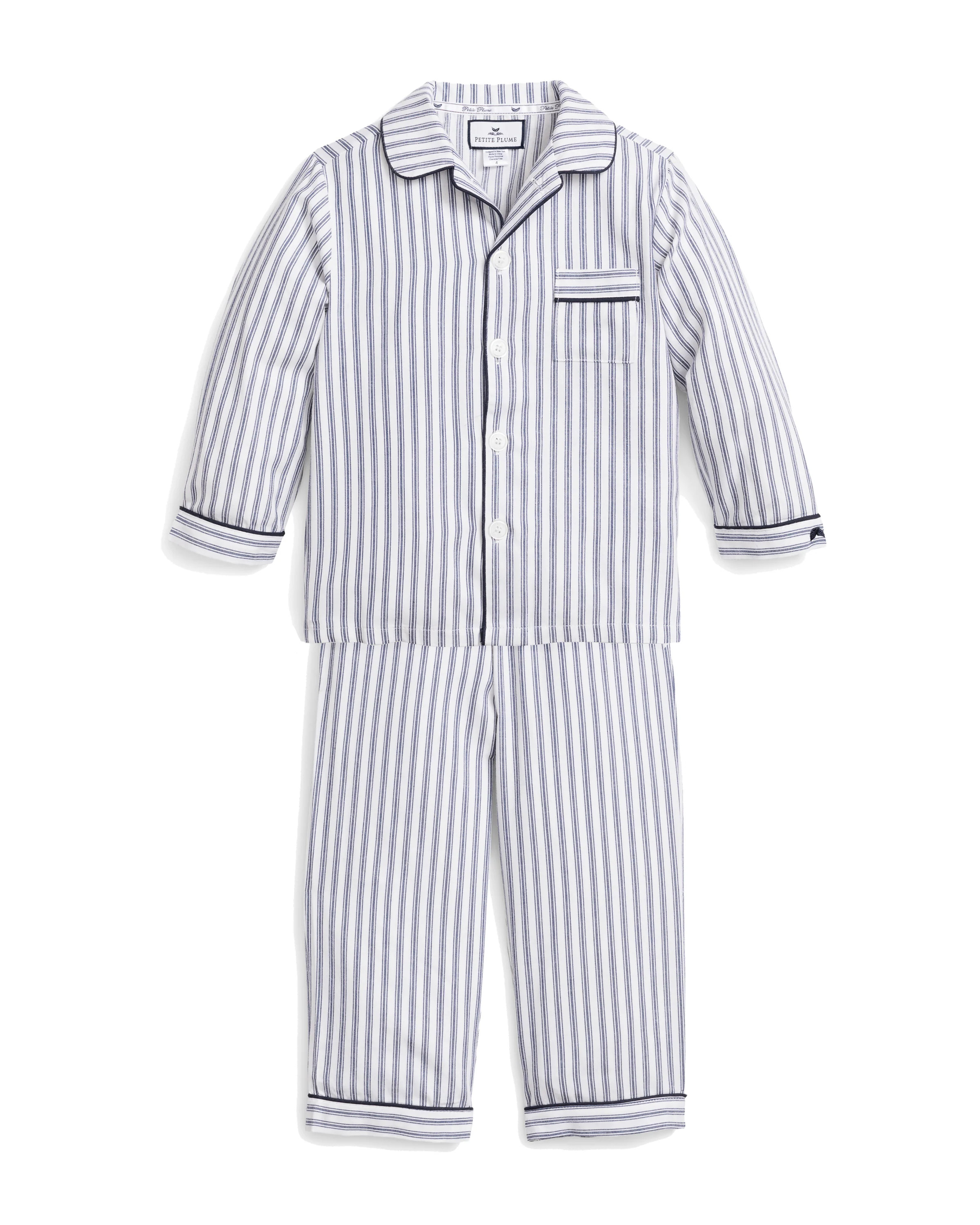 Kid's Twill Pajama Set in Navy French Ticking | Petite Plume
