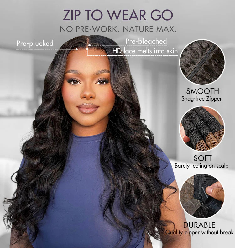 ZIP & GO WIGS | Natural Black Loose Body Wave Glueless 7x6 Closure HD | Luvmehair