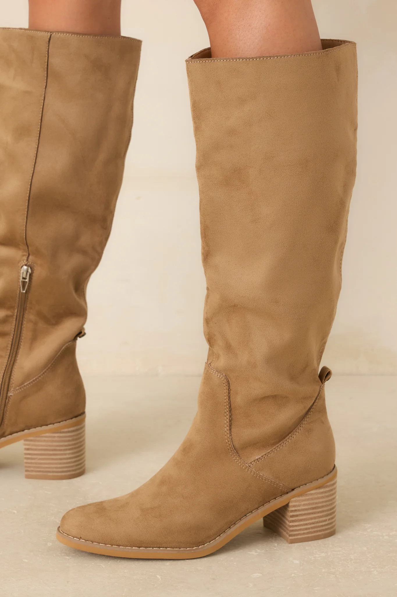 For Good Reason Tan Faux Suede Knee High Boots | Red Dress