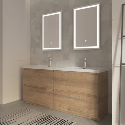 Double Natural Oak Bathroom Vanity Free Standing Vanities with Gloss White Resin Stone Top,4 Drawers Modern | Wayfair North America