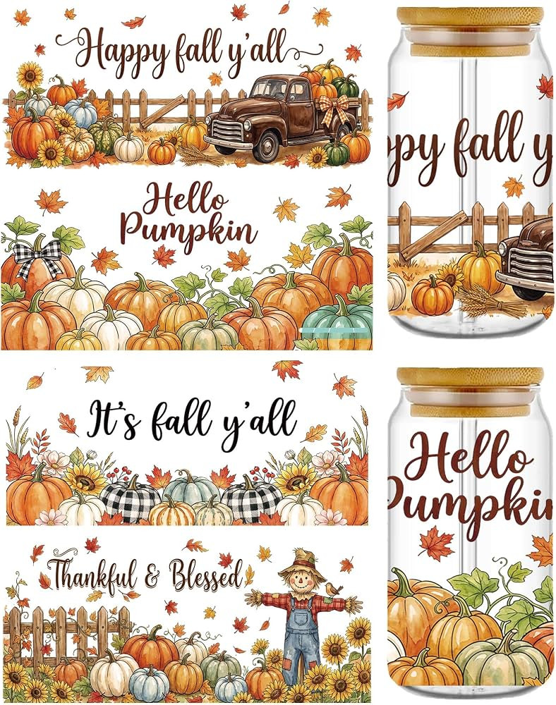 CRASHOT Fall UV DTF Cup Wraps for Glass, 4 Pcs Pumpkin Floral Decals | Amazon (US)