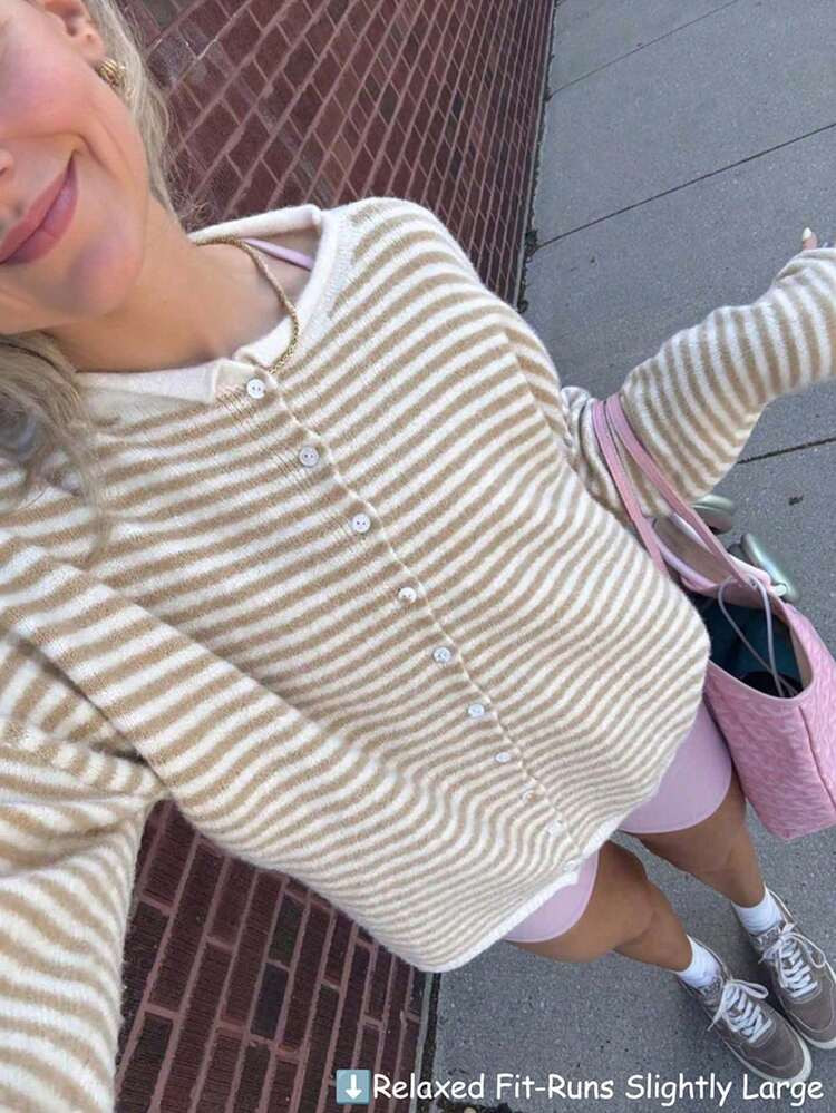 Vivid Style Autumn/Winter New Women's Fashion Street Loose Striped Knit Cardigan Sweater Jacket, Street Style, Airport Outfit, Christmas, Christmas Sweater, New Year, New Year Outfit, New Year Clothing | SHEIN