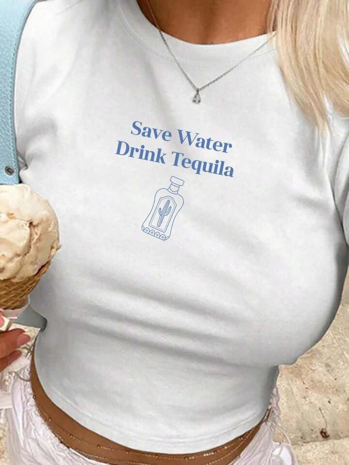 Flirla Plus Size Women's Summer Casual Round Neck Short Sleeve T-Shirt With Slogan Print Graphic Tees Women Tops | SHEIN