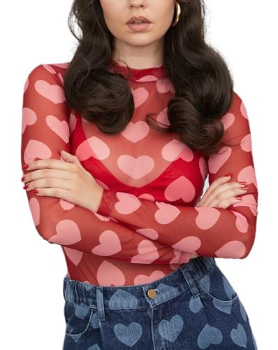 Heart Print Mesh Shirt Top Long Sleeve Sheer Layering Tops Sexy Slim Fit See Through Floral Lace Undershirt(Mesh Red,Small) | Amazon (US)