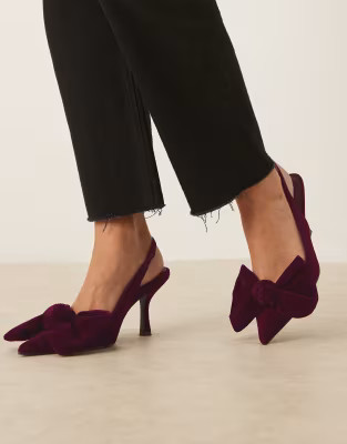 ASOS DESIGN Saffron bow detail mid heeled shoes in burgundy velvet | ASOS (Global)