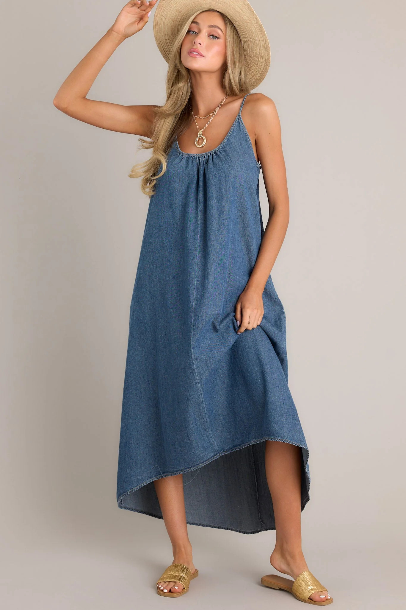 Celestial Swing Denim Asymmetrical High Low Dress | Red Dress