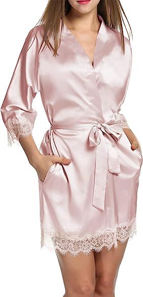 Hotouch Women's Satin Robe Pure Color Lace Silk Short Kimono 3/4 Sleeve Bridesmaids Robes XS-XXL | Amazon (CA)