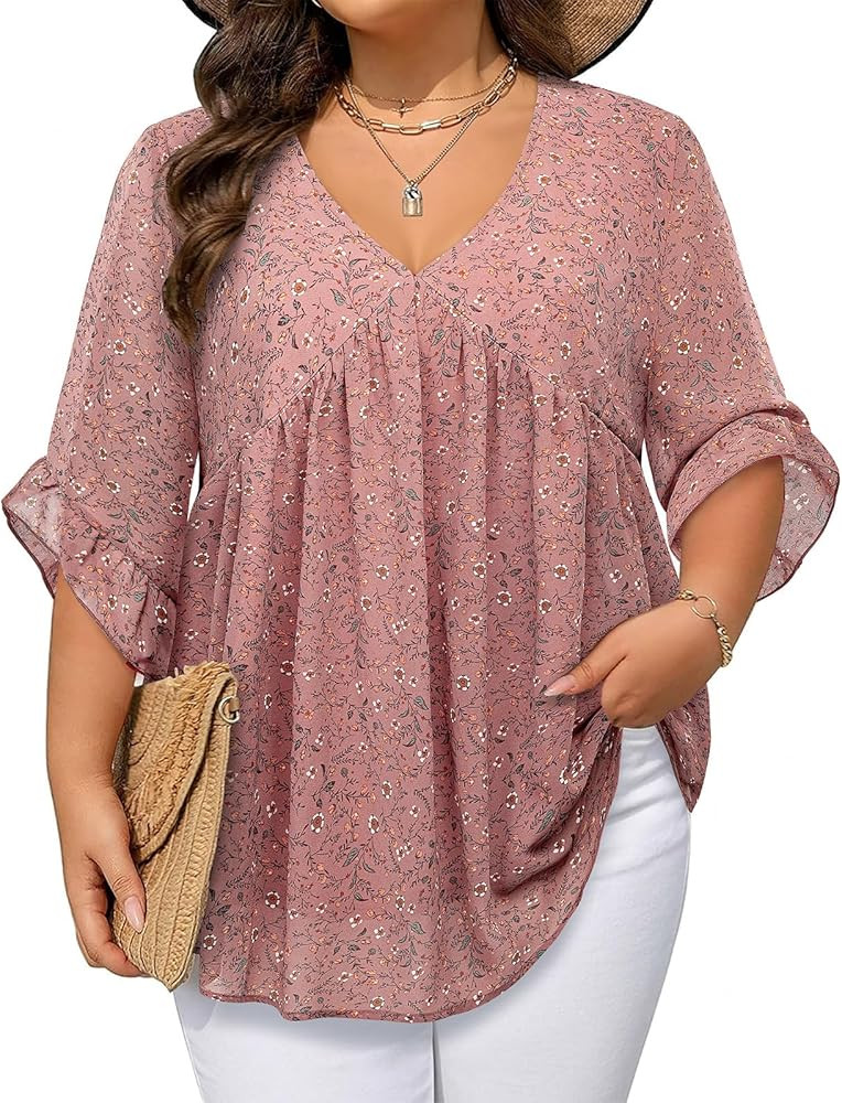Siddhe Womens Plus Size Tops 3/4 Ruffle Sleeve Blouses V Neck Chiffon Shirts Babydoll Dressy Casu... | Amazon (US)