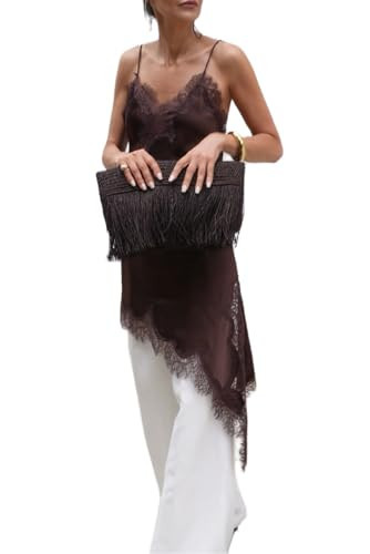 Women Lace Trim Satin Long Flowy Tank Tops Sleeveless Silk Camisole Tops Boho Spaghetti Strap Cami Layering Top (Brown,Small) | Amazon (US)