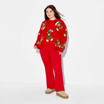 Women's Teddy Bear Print Festive Graphic Sweater - Red 2X | Target