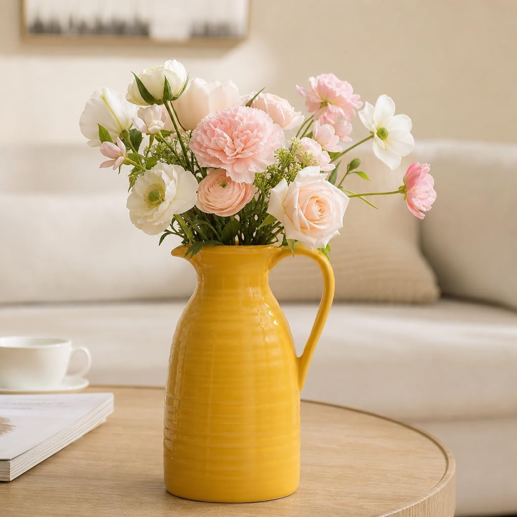 Farmhouse Pitcher Vase, Yellow Ceramic vase for Flowers | Amazon (US)