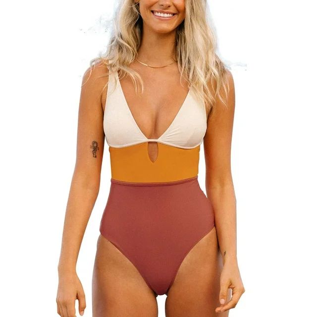 Cupshe Women's One Piece Swimsuit Color Block Keyhole Cutout Bathing Suit , L | Walmart (US)