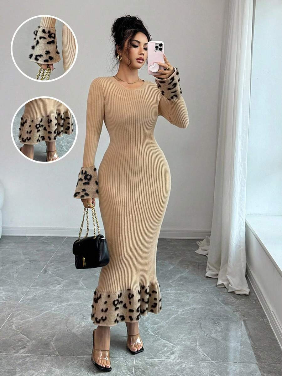 Elenzga Leopard Print Round Neck Flare Sleeve Fishtail Hem Patchwork Contrast Color Fitted Women ... | SHEIN