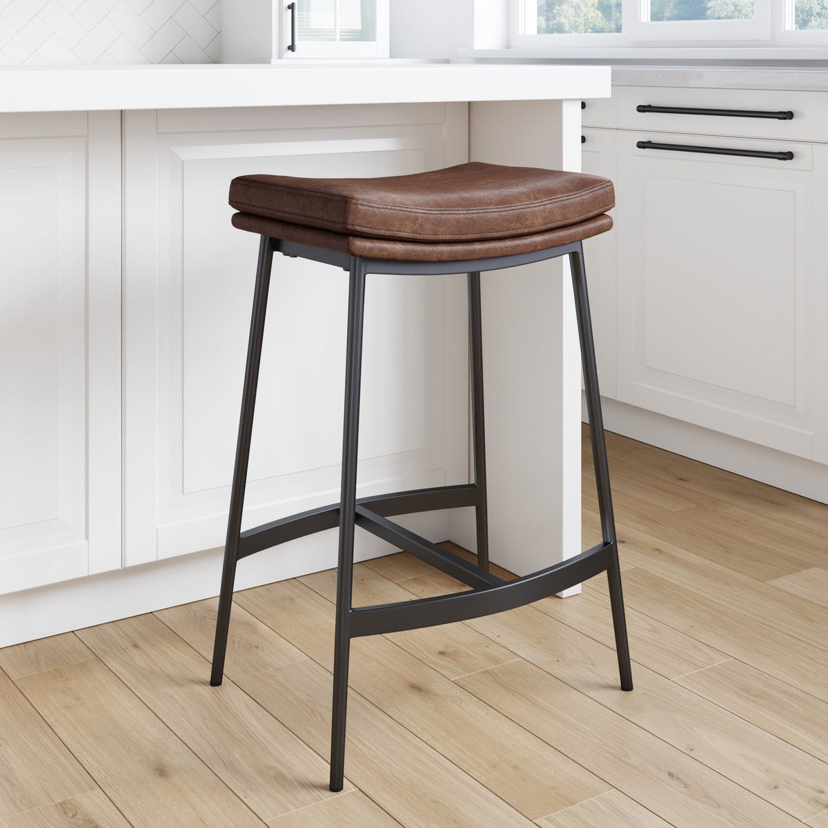 Modern Backless Kitchen Counter Bar Stool with Saddle Seat and Metal | Nathan James