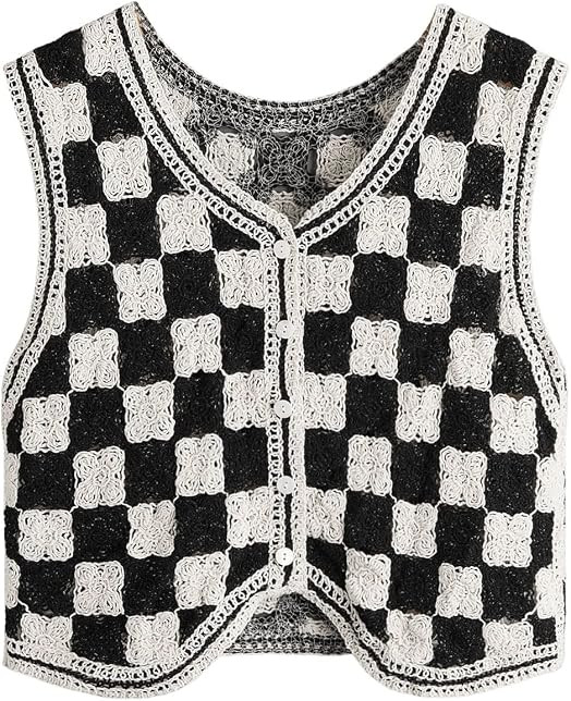 Crochet Vest Top for Women Summer Basic V Neck Crochet Knit Vest Button Casual Y2k Sweater Sleeve... | Amazon (US)
