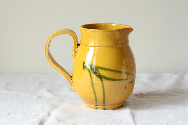 French Vintage Stoneware Yellow Jug with Green Flower Decor,  Rustic Handmade Ceramic Water Pitch... | Etsy (UK)