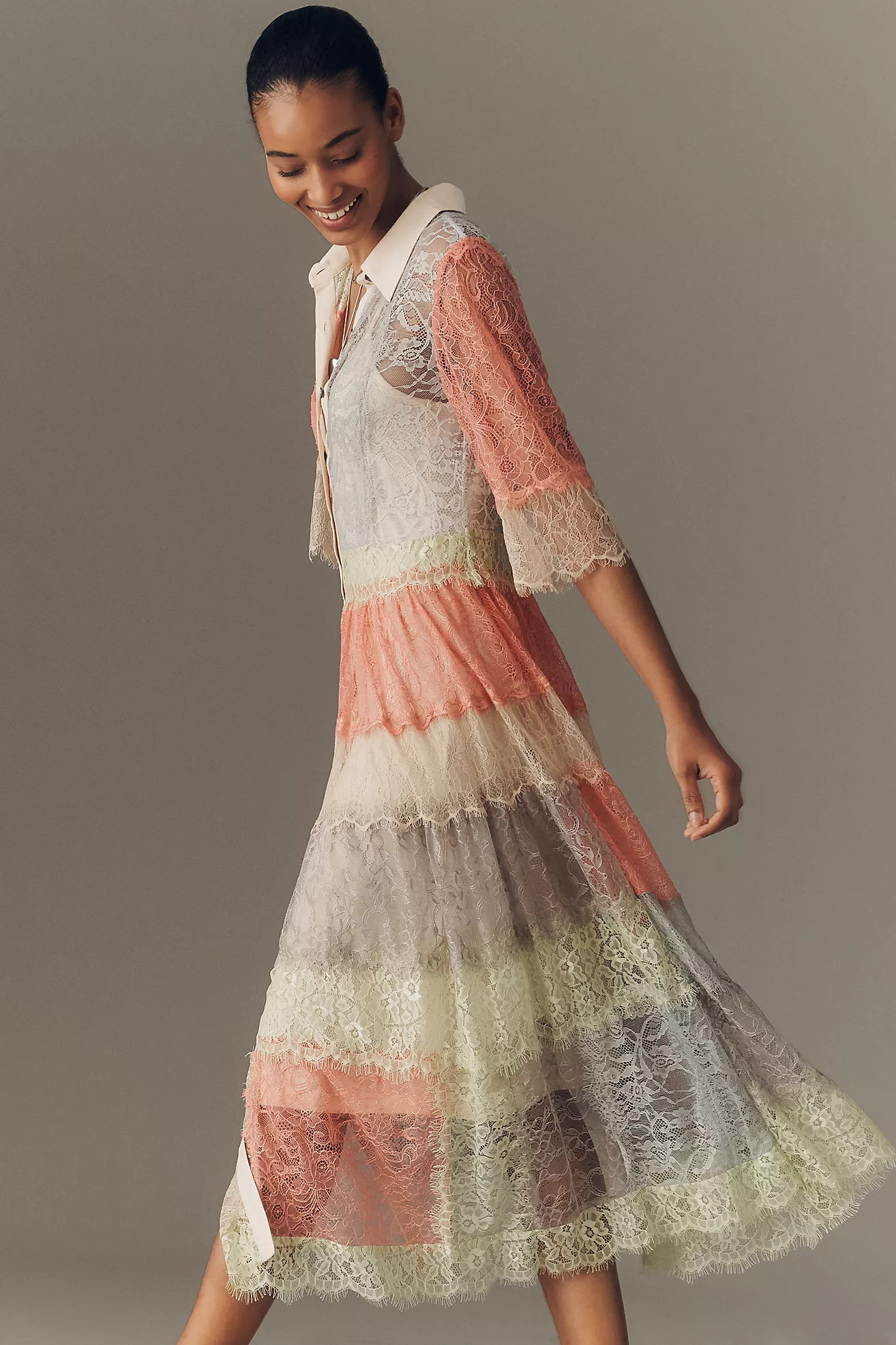 Bl-nk Rustica Short-Sleeve Lace Midi Shirt Dress | Anthropologie (US)